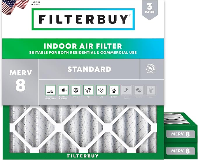 Filterbuy 14x14x2 Air Filter MERV 8 Essential Dust & Allergy Defense (3-Pack), Electrostatic Pleated HVAC AC Furnace Filters Replacement, Made in USA (Actual Size: 13.50 x 13.50 x 1.75)