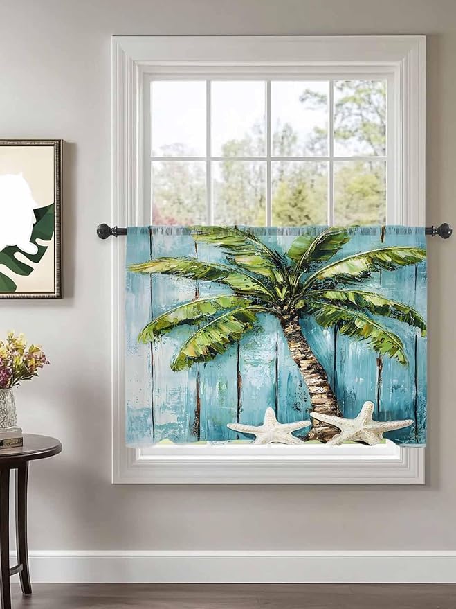 Sheer Curtains 45 Inch Length, Coastal Beach Starfish Semi Sheer Curtains Light Filtering Window Treatment, Blue Green Tropical Palm Tree Wood Grain Privacy Voile Drapes for Living Room 52x45 Inch