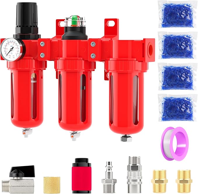 Industrial Grade Three-Stage Air Drying System, 0-150 PSI, 1/2 Inch NPT, Aluminum Alloy, with Particulate Filter, Coalescing Filter, Desiccant Dryer, and Air Regulator (Manual Drainage)