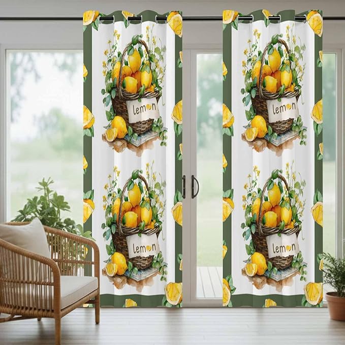 Lemon Outdoor Curtains for Patio Lemons Baskets Summer Tropical Plant Waterproof Outside Curtains with Grommet Top Weatherproof Curtain for Cabana Pergola Gazebo, 1 Panel, 54" W x 84" L