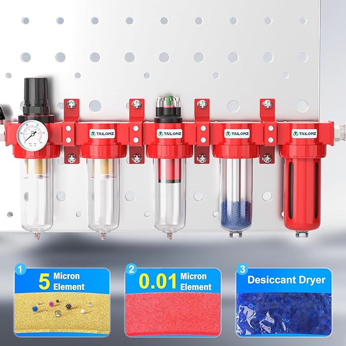 TAILONZ PNEUMATIC 0-150PSI 1/4 Inch NPT Red Industrial Grade 5 Stage Air Drying System, Particulate Filter, Coalescing Filter, Double Desiccant Dryer and Air Regulator (Manual Drainage)