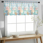 Summer Beach Sheer Valance Curtains, Ocean Colorful Coral Shell Seaweed Starfish Blue Plaid Light Filtering Kitchen Valances Rod Pocket Voile Curtain Treatment for Bedroom/Living Room/Basement 42Wx12L