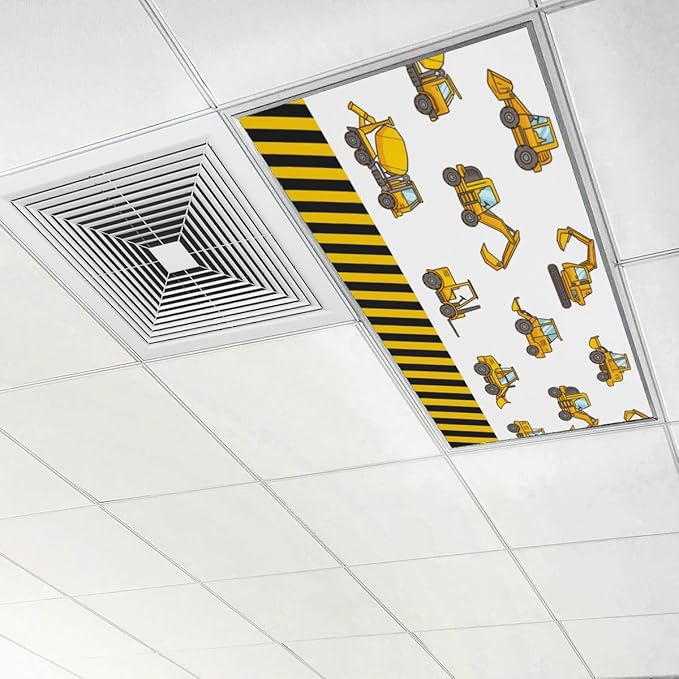 6 Pcs Fluorescent Light Covers for Ceiling Lights Construction Vehicle Excavators Bulldozers Forklifts Yellow Black Decorative Magnets Light Filters for Office Home Classroom Must Haves 4’ x 2’