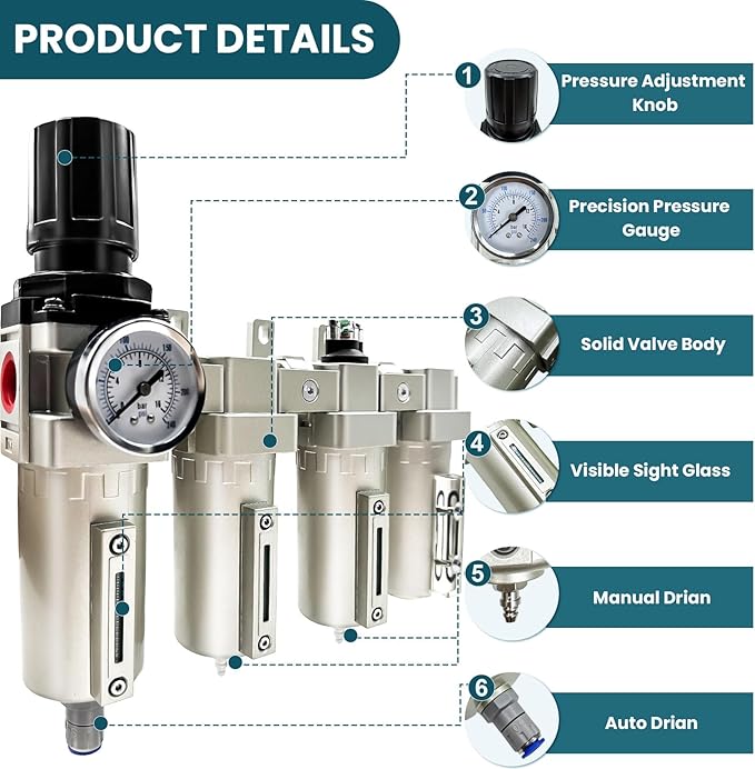 Upgraded 1/2" NPT Industrial Grade 4 Stage Air Drying System, Particulate Filter, Coalescing Filter, Desiccant Dryer & Air Regulator - for Plasma Cutter, Paint Spray, 3Filter&1Dryer System，Auto Drain