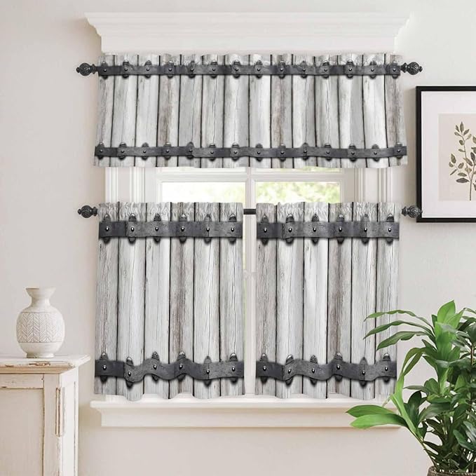 Farmhouse Rustic Kitchen Curtain Set, Vintage Country Wooden Grain Window Valance and Tiers 36" Length, Light Filtering Short Curtains Valance for Cafe Bathroom Bedroom 54"x18"