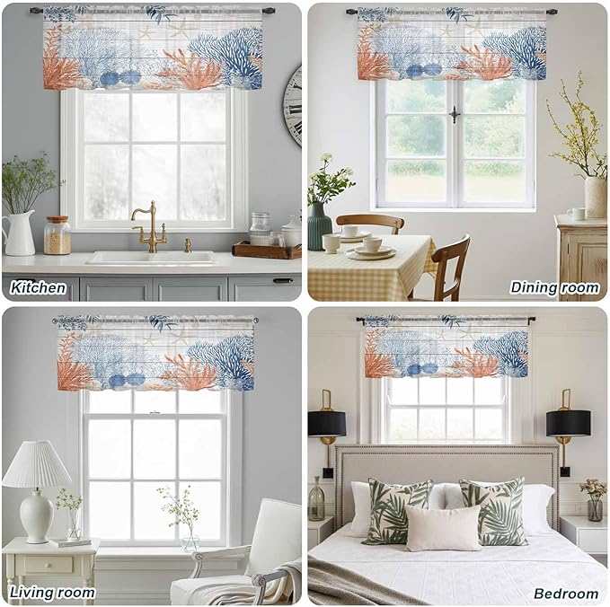 Ocean Corals Sheer Valance Curtains, Summer Beach Coral Sea Stars Wood Grain Light Filtering Kitchen Valances Rod Pocket Voile Curtain Window Treatment for Bedroom/Living Room/Basement 54Wx18L