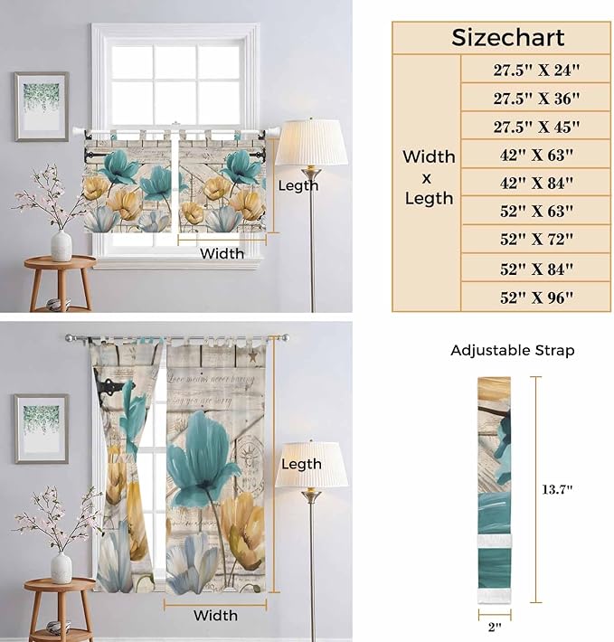 Watercolor Flowers Kitchen Curtains 24 Inch Length, Small Window Curtains Tab Top, Vintage Tulips Floral Barn Doors Wood Grain Light Filtering Short Window Treatments Tier Drapes 27.5"x24" 2 Panel