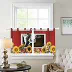 Cows Sunflowers Kitchen Curtains 24 Inch Length, Small Window Curtains Tab Top, Spring Botanical Floral Bees Red Barn Light Filtering Short Window Treatments Tier Drapes 27.5"x24" 2 Panel