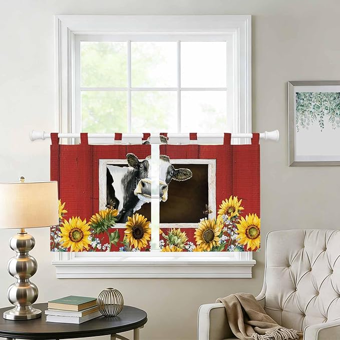 Cows Sunflowers Kitchen Curtains 36 Inch Length, Small Window Curtains Tab Top, Spring Botanical Floral Bees Red Barn Light Filtering Short Window Treatments Tier Drapes 27.5"x36" 2 Panel
