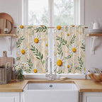 Spring Daisy Kitchen Curtains, Country Watercolor Flower Leaf Plant Light Filtering Window Curtain Panels, 2Pcs Rod Pocket Window Treatments Set for Study Room Bathroom Bedroom 52x54 Inches
