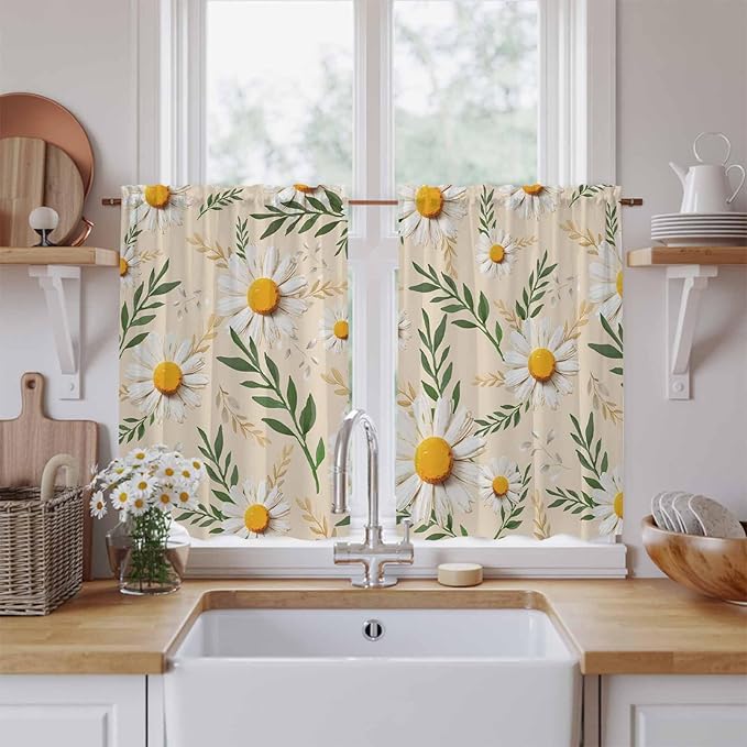 Spring Daisy Tier Curtains, Country Watercolor Flower Leaf Plant Light Filtering Kitchen Curtains, 2Pcs Rod Pocket Half Window Treatments Panels for Sink Cafe Cabinet Basement 27.5x45 Inches