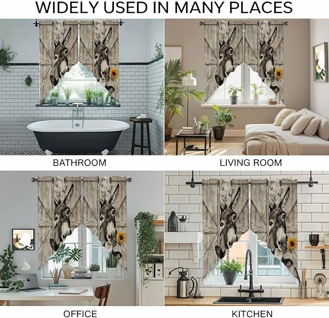 Funny Farm Animals Swag Valances for Windows, Vintage Barn Brown Sunflowers Rod Pocket Kitchen Curtains Valance, Kitchen Window Curtains Swag for Cafe Bathroom Living Room, 2 Panels, 36x63 inch
