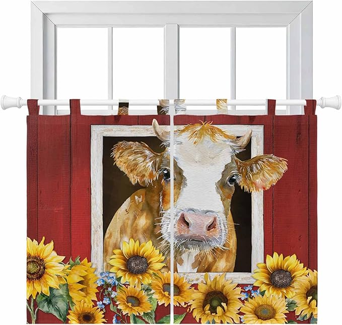Cows Sunflowers Kitchen Curtains 45 Inch Length, Short Cafe Window Curtains Tab Top, Spring Floral Bees Farmhouse Barn Light Filtering Window Treatments Tier Drapes 27.5"x45" 2 Panel