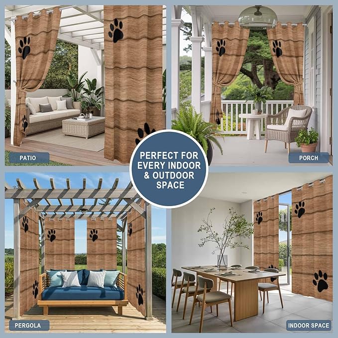 Wood Grain Outdoor Curtains for Patio Claws Animals Wooden Vintage Waterproof Outside Curtains with Grommet Top Weatherproof Curtain for Cabana Pergola Gazebo, 1 Panel, 54" W x 84" L