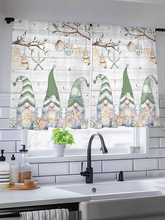 Sheer Curtains 45 Inch Length, Sage Green Gnomes Semi Sheer Curtains Light Filtering Window Treatment, Eucalypus Coastal Anchor Retro Wood Privacy Voile Drapes for Living Room Bedroom 52x45 Inch