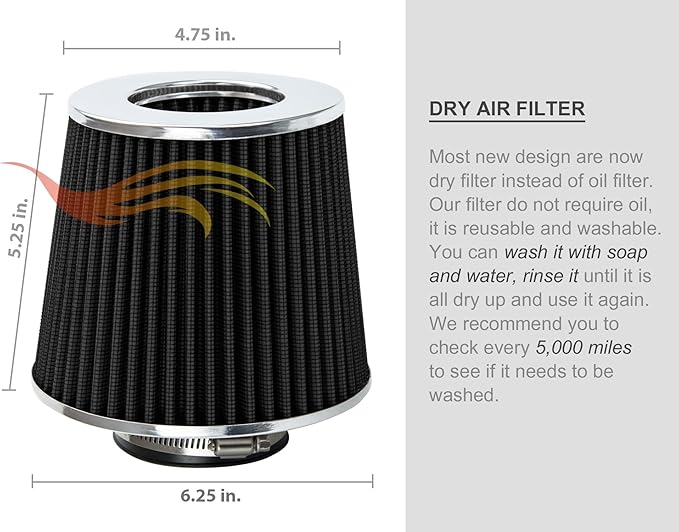 BLACK 4" 102 mm Inlet Truck Air Cone Replacement Performance Washable Clamp-On Dry Air Filter (8" Tall)