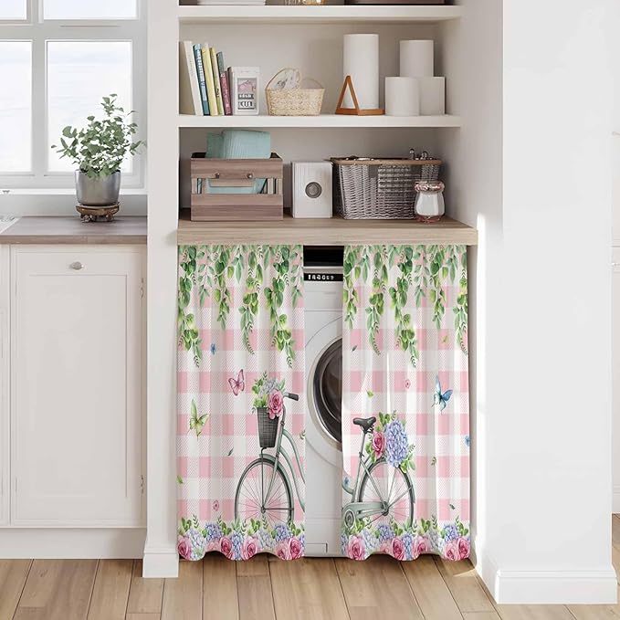 Spring Kitchen Curtains, Bicycles Leaves Butterfly Flowers Pink Buffalo Plaid Light Filtering Window Curtain Panels, 2Pcs Rod Pocket Window Treatments Set for Cabin Bathroom Bedroom 52x45 Inches
