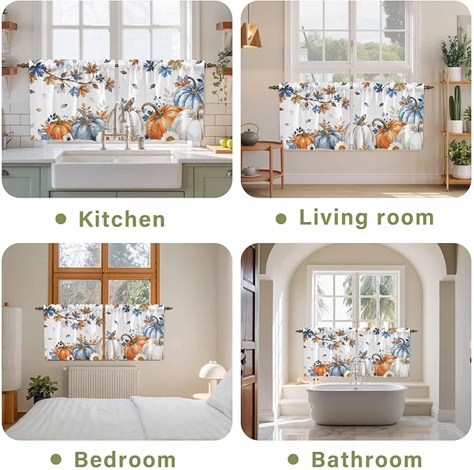 Navy Blue Pumpkin Fall Kitchen Tier Curtains 36 Inch Long 2 Panel Set,Rod Pocket Half Window Curtains Over Sink,Thanksgiving Maple Leaves Branches Short Drapes for Bathroom Cafe 27.5"W x 36"L