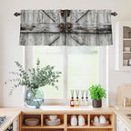 Kitchen Curtains Tiers and Valance Set of 3, Vintage Gate Light Filtering Window Curtain Set, Farmhouse Wooden Grain Shabby Chic Door Rod Pocket Curtain Drapes for Cafe, Living Room, 24 Inches Tiers