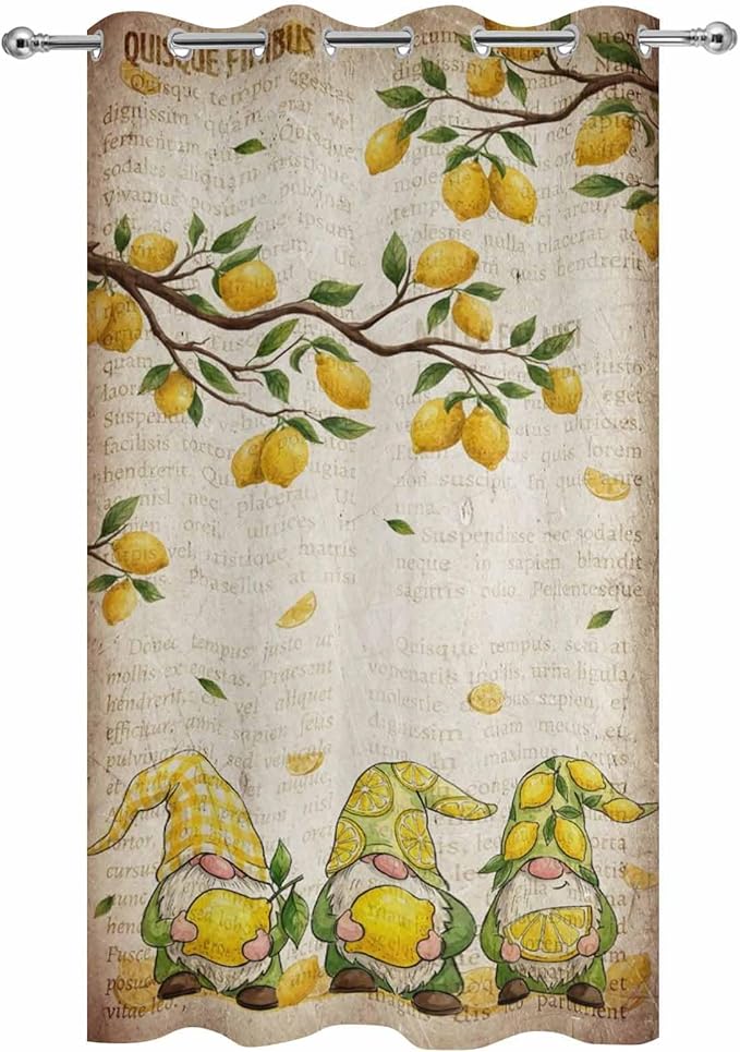 Summer Gnome Outdoor Curtains for Patio Gnome Lemon Leaf Vintage Waterproof Outside Curtains with Grommet Top Weatherproof Curtain for Cabana Pergola Gazebo, 1 Panel, 54" W x 108" L