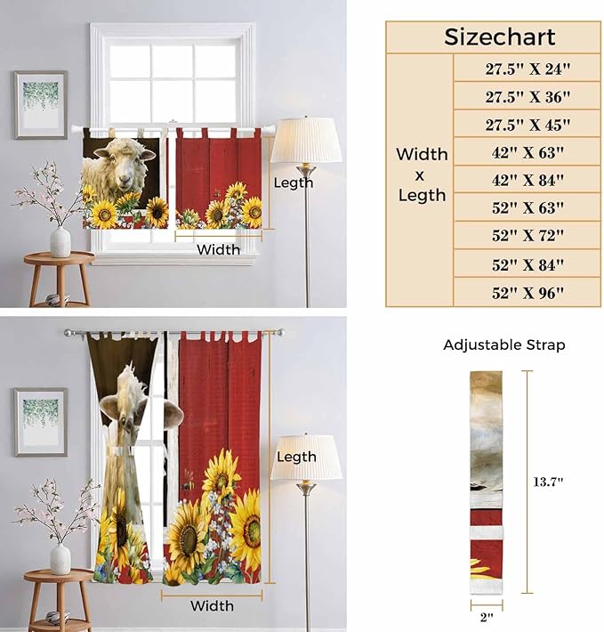 Sheep Flowers Bedroom Curtains 72 Inch Length, Window Curtains Tab Top, Country Red Barn Botanical Sunflowers Light Filtering Window Treatments Drapes 52"x72" 2 Panel