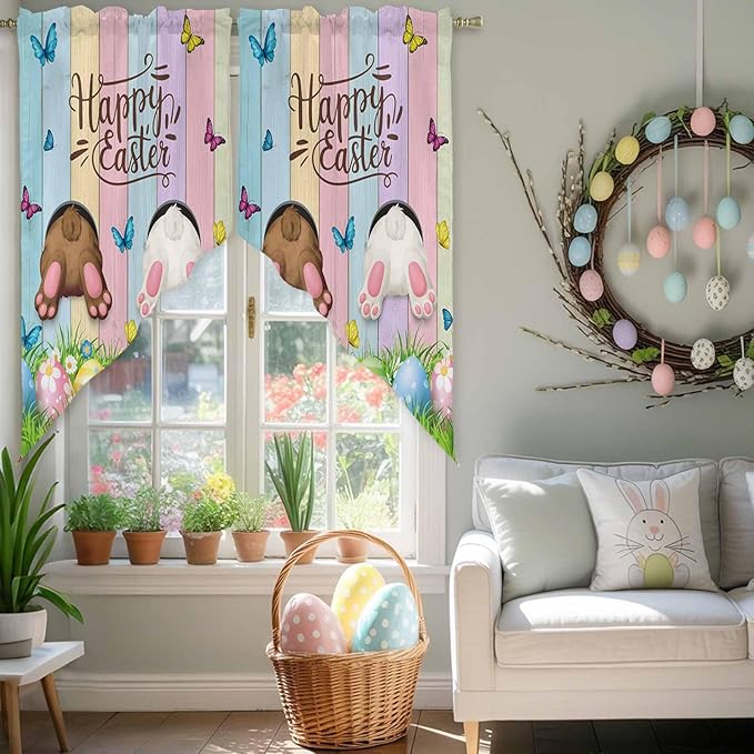 Swag Curtain Valances for Kitchen Windows,Happy Easter Rabbit Butt Egg on Daisy Leaf Short Rod Pocket Window Valance,Bufferfly on Wood Barn Swag Topper for Bedroom Living Room,2 Panels 36x45in
