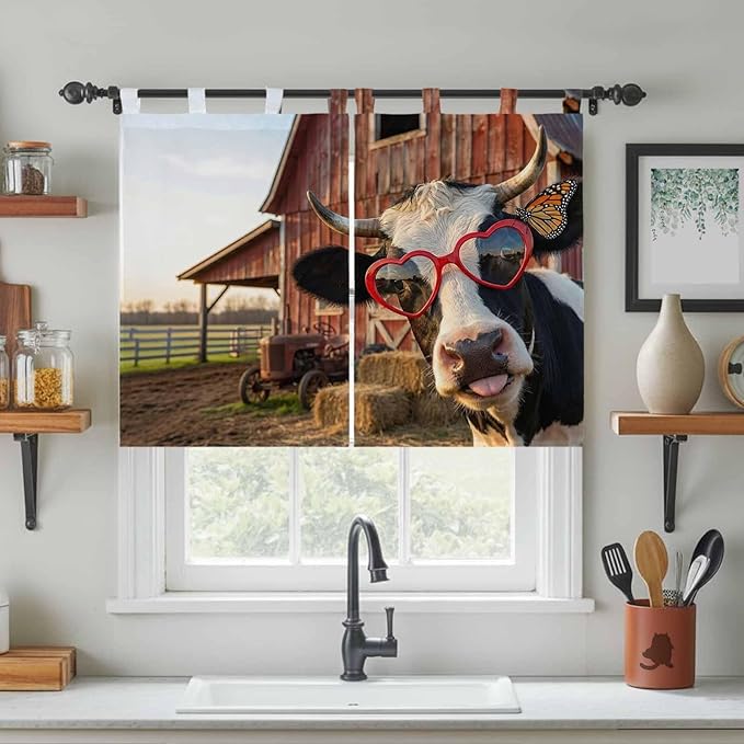 Farm Cows Kitchen Curtains 45 Inch Length, Short Cafe Window Curtains Tab Top, Farmhouse Barn Funny Animals Butterfly Light Filtering Window Treatments Tier Drapes 27.5"x45" 2 Panel