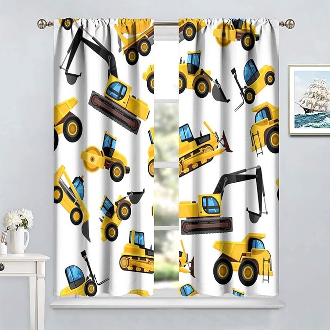 Kids Construction Equipment Window Curtains, Excavator Tractor Tow Truck Rod Pocket Decorative Windows Curtain for Children Teens Boys Girls Room Decor 52x84in (30% Blackout)