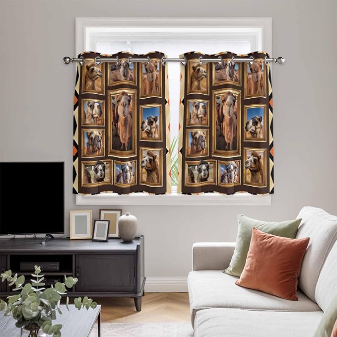 2 Panel Kitchen Cafe Curtains, Wildlife Camels Sunlight Filtering Nature Air Through, Home Decor Window Covering Tier Curtains for Bedroom Living Room Deserts Animals Brown Geometric Rustic