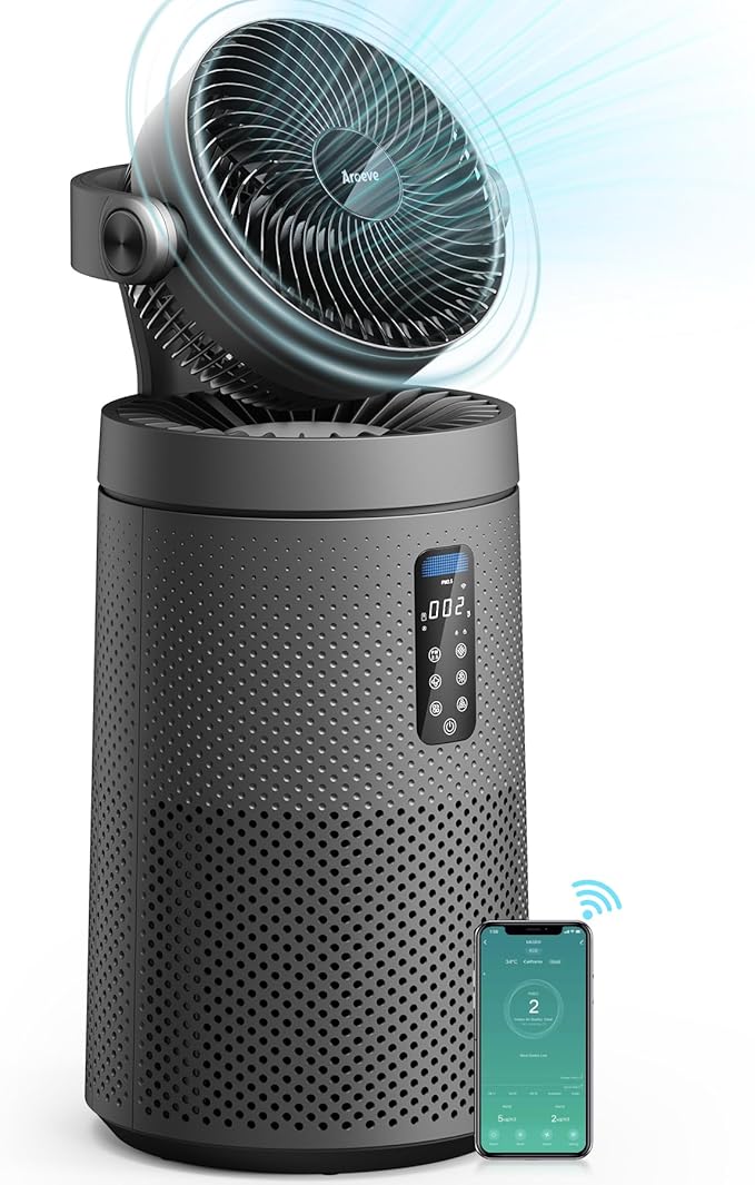 AROEVE Air Purifiers Fan for Home Large Room With 2-In-1 Air Circulator Fan System And Smart WIFI Cover 1980 Sq.Ft Oscillating Air Purifier With Washable Filter For Indoor Whole Home, MK08W-Space Gray