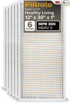 Filtrete 12x30x1 Air Filter, MPR 300, MERV 5, Clean Living Basic Dust 3-Month Pleated 1-Inch Air Filters, 6 Filters