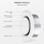 calimaero® TVSA 4 Inch AC Vent Cover Round Adjustable Steel Air Vent Deflector Inline Bathroom Air Duct Vent Cover Grille Exhaust White RAL 9016 HVAC