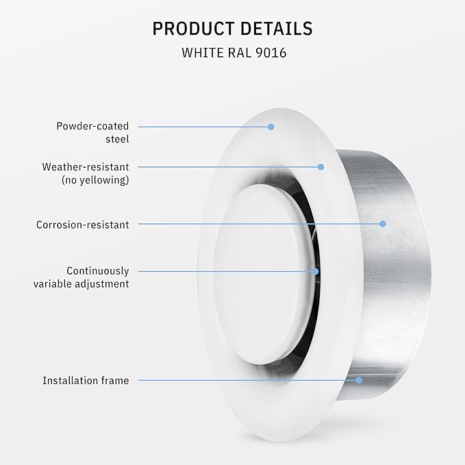 calimaero® TVSA 4 Inch AC Vent Cover Round Adjustable Steel Air Vent Deflector Inline Bathroom Air Duct Vent Cover Grille Exhaust White RAL 9016 HVAC