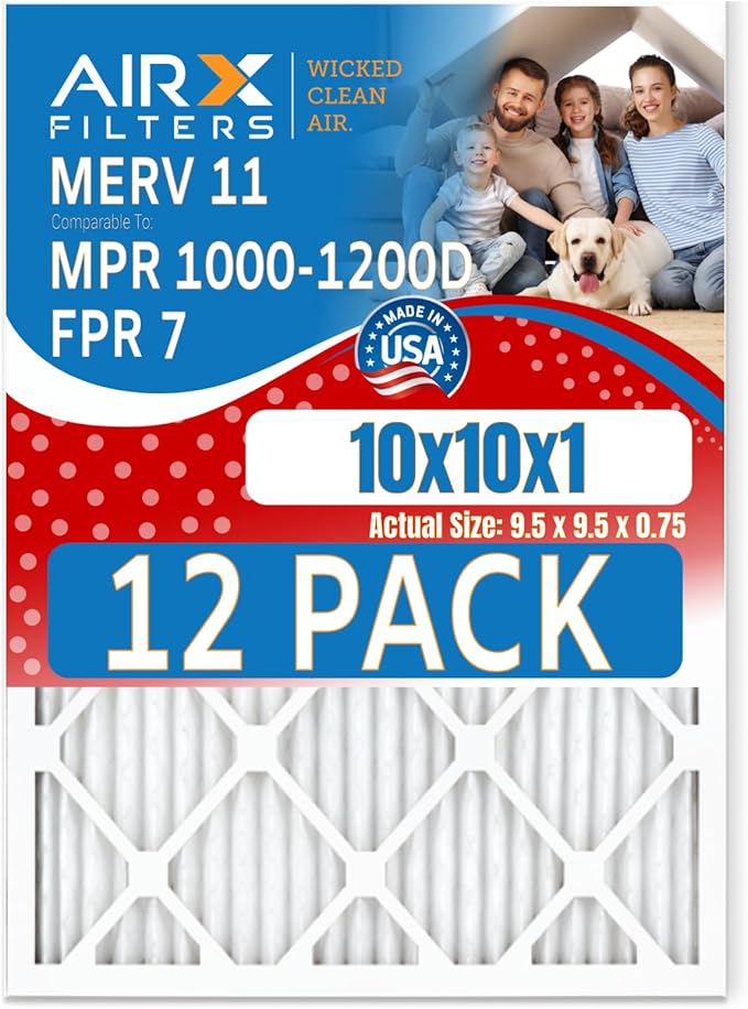10x10x1 Air Filter MERV 11 Rating, 12 Pack of Furnace Filters Comparable to MPR 1000, MPR 1200 & FPR 7 - Made in USA by AIRX FILTERS WICKED CLEAN AIR.