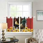 Chicken Sunflowers Kitchen Curtains 24 Inch Length, Small Window Curtains Tab Top, Farmhouse Animals Red Barn Bees Light Filtering Short Window Treatments Tier Drapes 27.5"x24" 2 Panel