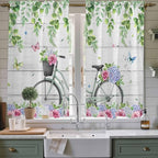 Spring Kitchen Curtains, Bicycles Botanical Rose Leaves Butterfly Wood Grain Light Filtering Window Curtain Panels, 2Pcs Rod Pocket Window Treatments Set for Living Room Bathroom Bedroom 42x63 Inches