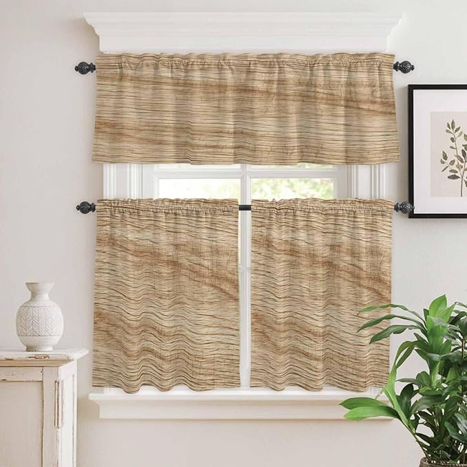 Kitchen Curtains Tiers and Valance Set of 3, Country Farmhouse Light Filtering Window Curtain Set, Vintage Brown Wooden Grain Rod Pocket Curtain Drapes for Cafe, Living Room, 24 Inches Tiers