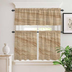 Kitchen Curtains Tiers and Valance Set of 3, Country Farmhouse Light Filtering Window Curtain Set, Vintage Brown Wooden Grain Rod Pocket Curtain Drapes for Cafe, Living Room, 36 Inches Tiers