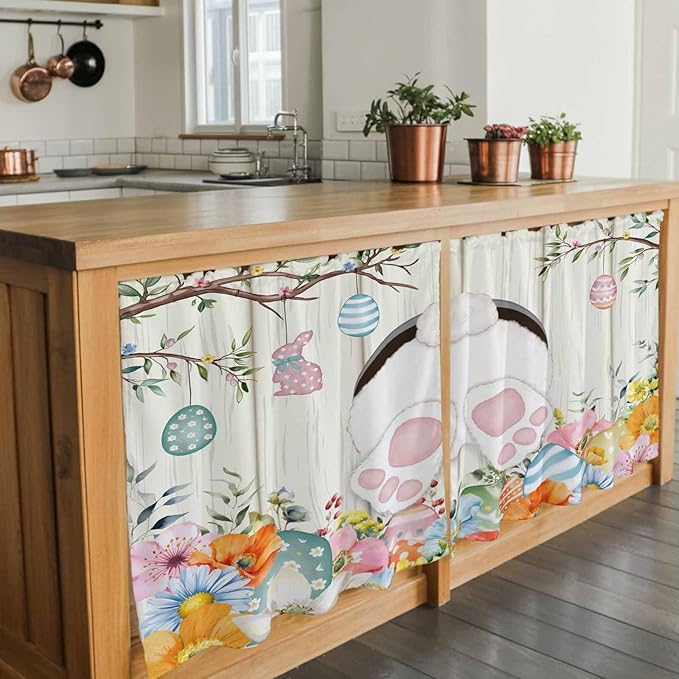 Easter Kitchen Tier Curtains 36 Inch Long 2 Panel Set,Rod Pocket Half Window Curtains Over Sink,Spring Farmhouse Watercolor Bunny Eggs Wood Grain Light Filtering Short Drapes Cafe 27.5"W x 36"L