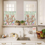 Easter Kitchen Curtains Set 3 Piece for Windows, Rod Pocket Valance and Tier Set 24 Inch Length, Spring Rabbit Eggs Flower Butterfly Green Plaid Light Filtering Cafe Curtains for Living Room Bathroom