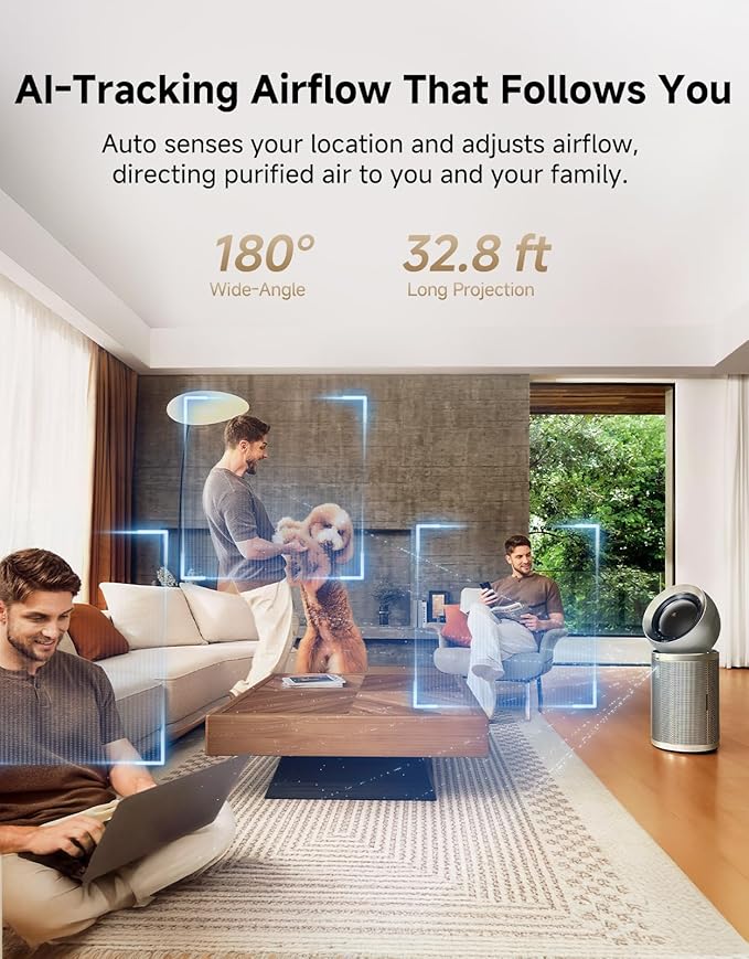 Dreame Smart Air Purifier PM20 for Home Large Room, Cleans 7,534 ft² in One Hour with 4 Filters, Dual-way Air Oulets, Al Tracking, Air Quality Monitor with 7 Sensors, 3-in-1 Purifier, Heater & Fan