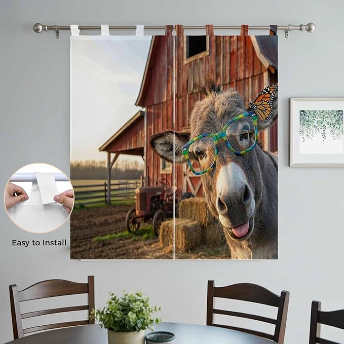 Farm Donkeys Bedroom Curtains 72 Inch Length, Window Curtains Tab Top, Farmhouse Barn Funny Animals Butterfly Light Filtering Window Treatments Drapes 52"x72" 2 Panel