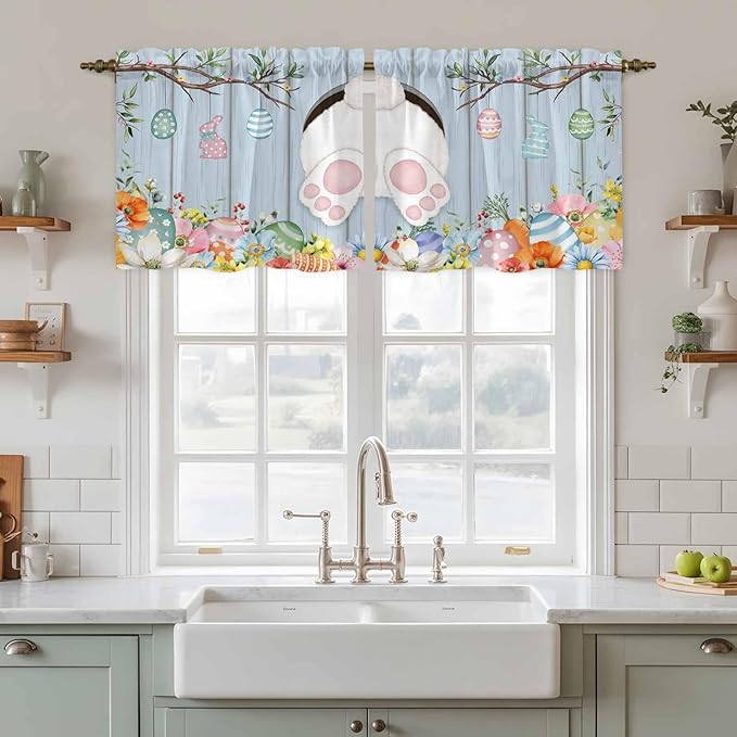 Easter Kitchen Tier Curtains 36 Inch Long 2 Panel Set,Rod Pocket Half Window Curtains Over Sink,Spring Watercolor Bunny Eggs Flower Wood Grain Blue Light Filtering Short Drapes Cafe 27.5"W x 36"L