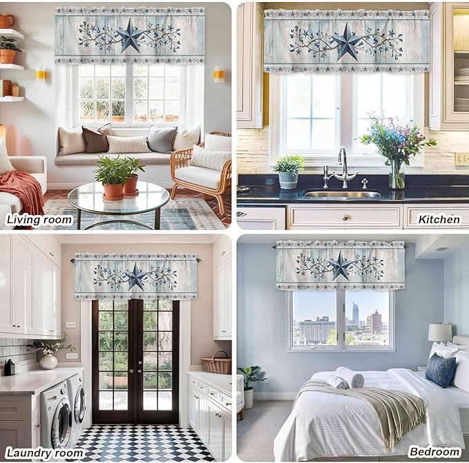 Texas Star Blue Curtain Valances for Windows, Kitchen Valance Window Treatment, Farmhouse Country Branches Wooden Grain Light Filtering Block Curtains for Bathroom/Bedroom/Living Room 60'' x 18''