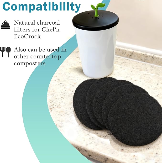 NewKe 12 Pack Natural Carbon Filter Refills for Chef'n 401-420-120 EcoCrock Counter Compost Bin, Indoor Compost Buckets, Carbon Filter Replacements Approx 6-1/2 x 5 Inches 3/8 Inch Thick