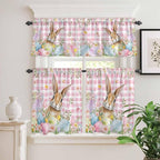 Kitchen Curtains Tiers and Valance Set of 3, Easter Light Filtering Window Curtain Set, Spring Rabbit Eggs Nature Botanicals Pink Plaid Rod Pocket Curtain Drapes for Cafe, Living Room, 36 Inches Tiers