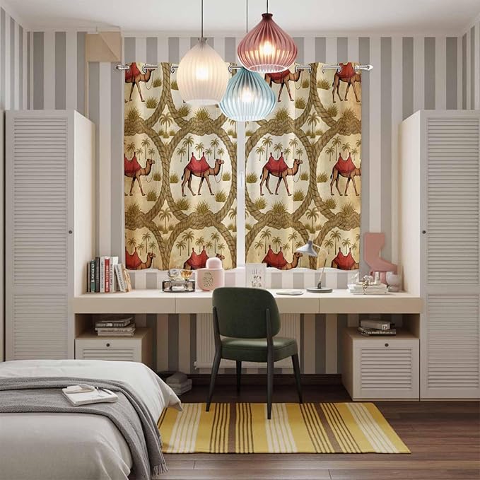 2 Panel Kitchen Cafe Curtains, Brown Desert Camels Sunlight Filtering Nature Air Through, Window Decor Tier Curtains for Living Room 104W x 84L inch Tropical Date Coconut Trees Cords Leaves