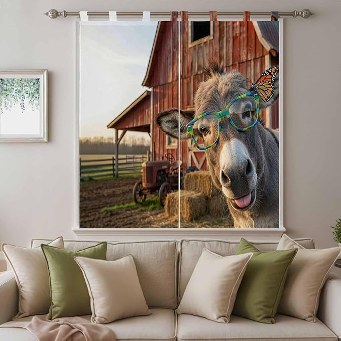 Farm Donkeys Living Room Curtains 84 Inch Length, Window Curtains Tab Top, Farmhouse Barn Funny Animals Butterfly Light Filtering Window Treatments Drapes 42"x84" 2 Panel