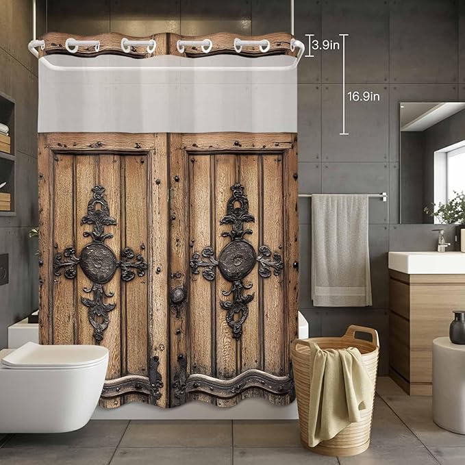 Wood Barn Door No Hook Shower Curtain with Snap in Liner Set, Waterproof Shower Curtains for Bathroom, Wooden Plank Fabric Shower Curtain, See Through Mesh Top Window, 72" W x 84" L