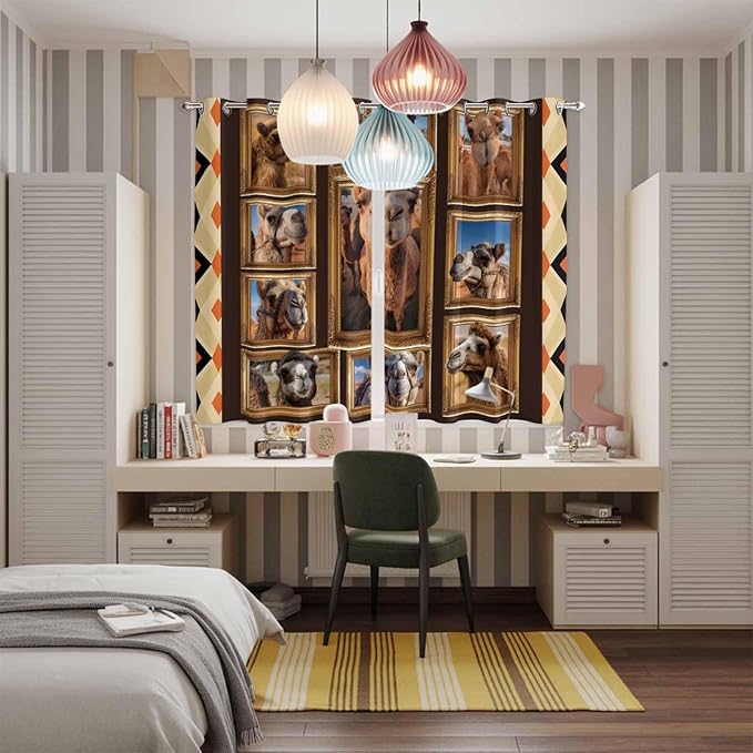 2 Panel Kitchen Cafe Curtains, Wildlife Camels Sunlight Filtering Nature Air Through, Home Decor Window Covering Tier Curtains for Living Room 80W x 63L inch Deserts Animals Brown Geometric Rustic
